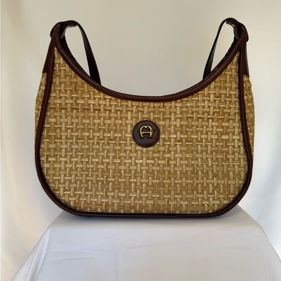 Etienne Aigner Woven Straw & Brown Leather Shoulder Bag Vintage-Inspired - Picture 1 of 12